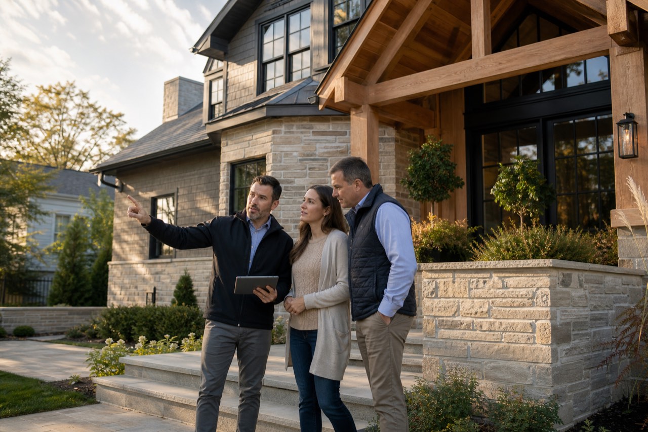 Campaign-style image of a contractor walking prospective clients through a completed renovation