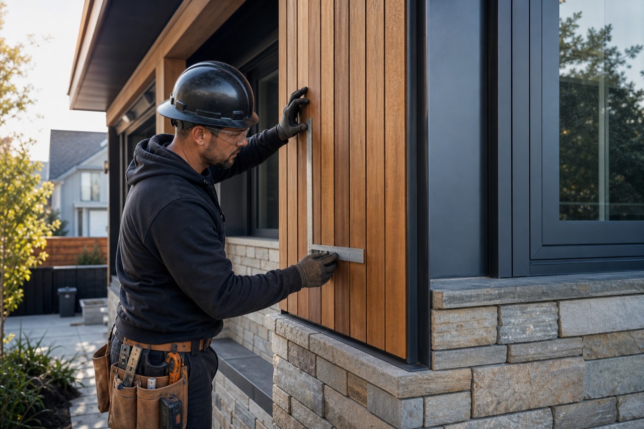 Campaign-style image of a craftsperson measuring exterior wood cladding