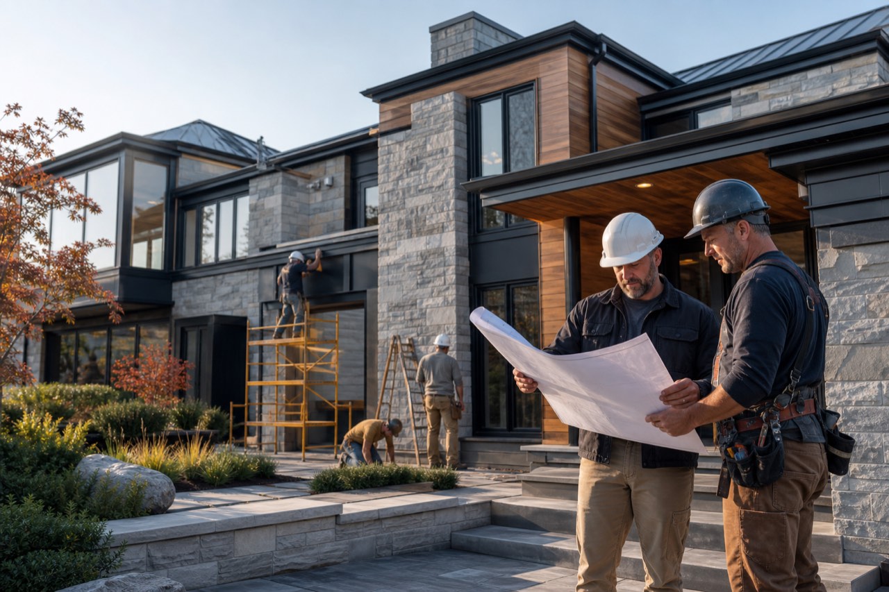 Campaign-style image of a contractor owner and foreman reviewing an exterior renovation project